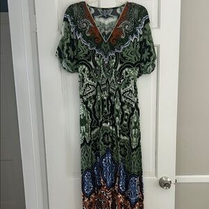 Anthropologie Green and Blue Patterned Maxi Dress
